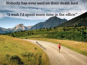 female jogger on a country road, caption: Nobody has ever said on their death bed: I wish I'd spent more time in the office